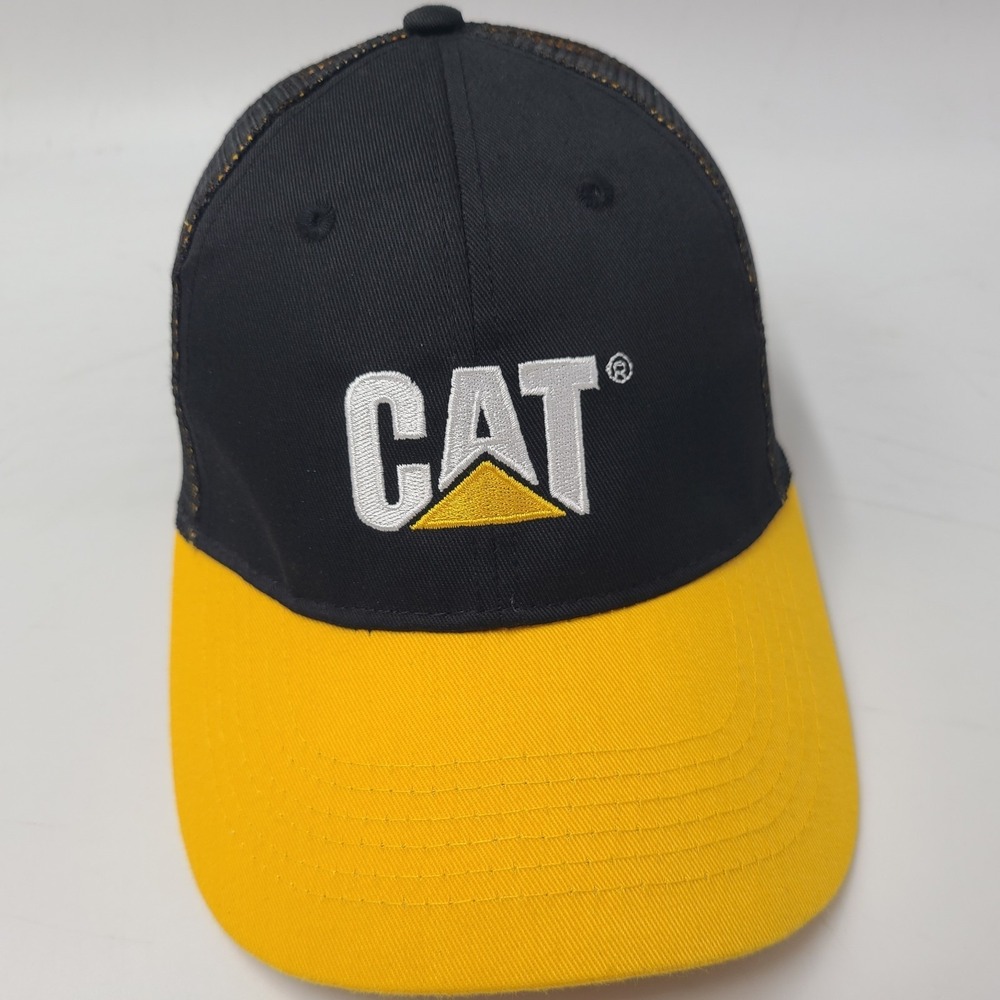 CAT Caterpillar Hat Snapback (Fits Small) Trucker Mesh Black Yellow Construction